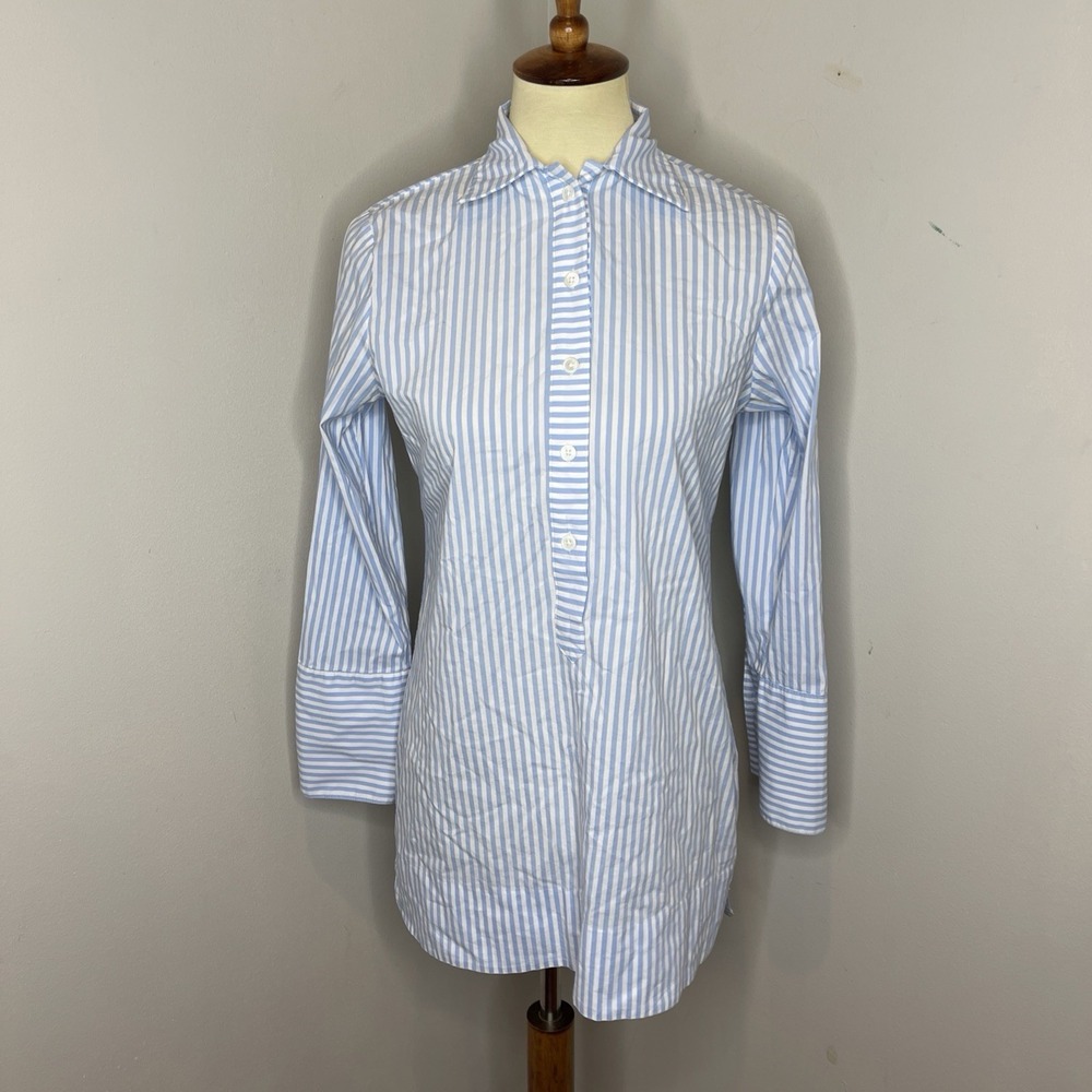 CK Bradley Blue White Stripe Cotton Blend Collared‎ Tunic Blouse Medium M